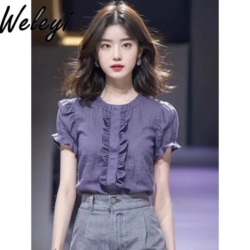 

Cutecore Summer New European Shirt Unique Chic Tops Women's Clothes Versatile Purple Stringy Selvedge Short Sleeved Linen Blouse