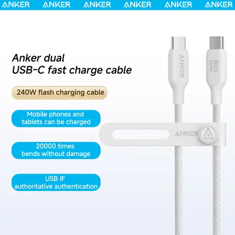 Anker-C de USB-C a USB-C de 240W, Cable de datos trenzado de nailon basado biológico, respetuoso con el medio ambiente, para iPhone 15, iPad Pro, MacBooks y Android