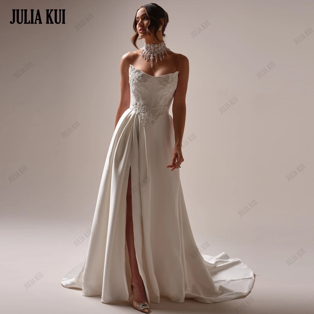 

Julia Kui Custom Made Elegant Satin A-Line Wedding Dresses Beading Embroidery Boat Neck Bridal Gowns With Front Split