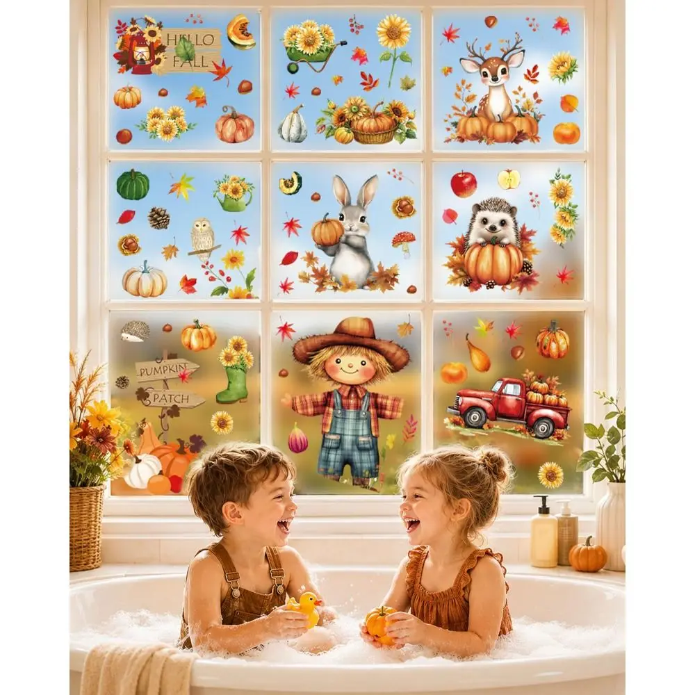 Double-Sided Fall Window Clings Reusable Waterproof Static Cling Decorations Pumpkin Scarecrow Design Maple Leaves Pattern