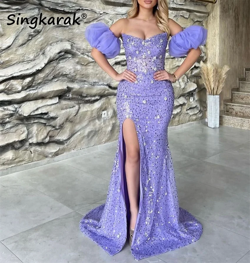 

Sparkly Purple Mermaid Evening Dresses Bead Diamonds Party Dress Puffy Sleeves Birthday Gowns Vestidos De Noche Customized