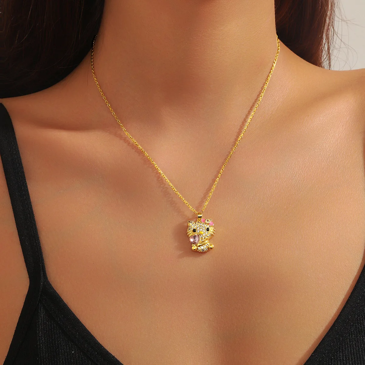 Gold Color Cute Shiny Zircon Hello Kitty Pendant Necklaces for Women Girls Pink Heart Crystal Charm Stainless Steel Jewelry Gift