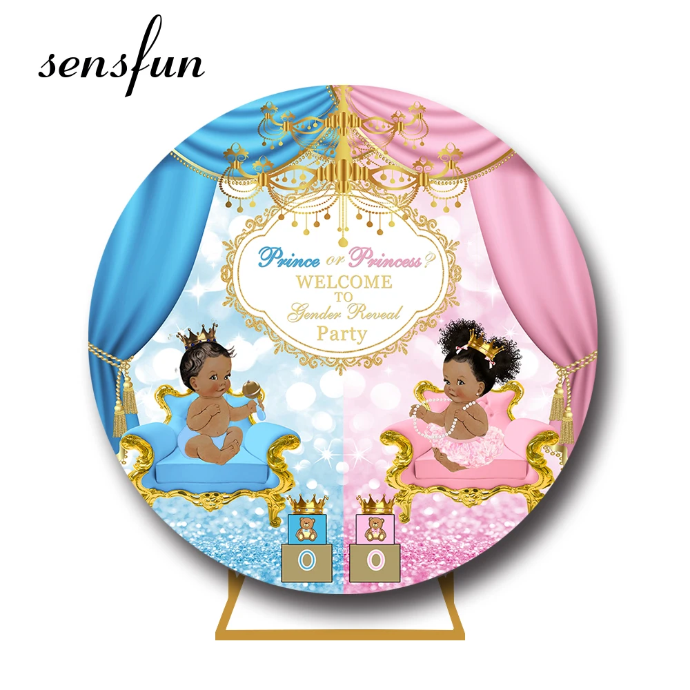 

Sensfun Curtain Gold Blue Pink Royal Prince Princess Round Backdrop Cover Boy Or Girl Gender Reveal Baby Shower Party Background