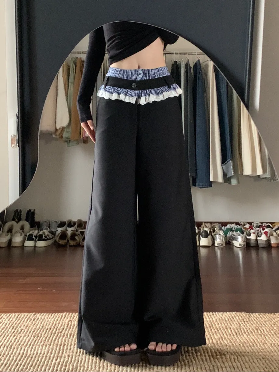 

Ретро-брюки в клетку с кружевной отделкой на талии, повседневные, женские, новинка 2025 года, летние, утягивающие, широкие, в пол, с высокой талией