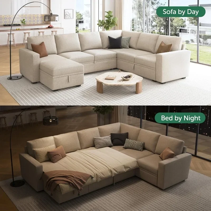 Sofa Tidur Modular dengan tempat tidur yang dapat ditarik keluar, Sofa bersekat-sekat berbentuk U dengan penyimpanan Ottoman Convertible, Sofa 7-tempat duduk, krem