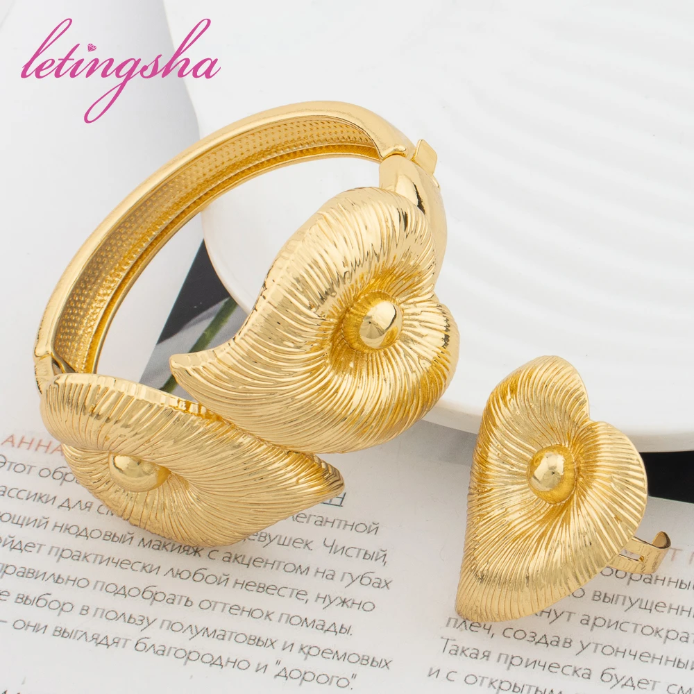 Italian Cuff Bracelets Copper Jewelry Ladies Fashion Hoop Large Leaves Bangle Rings Set for Women Luxury Gold Color Party Gifts