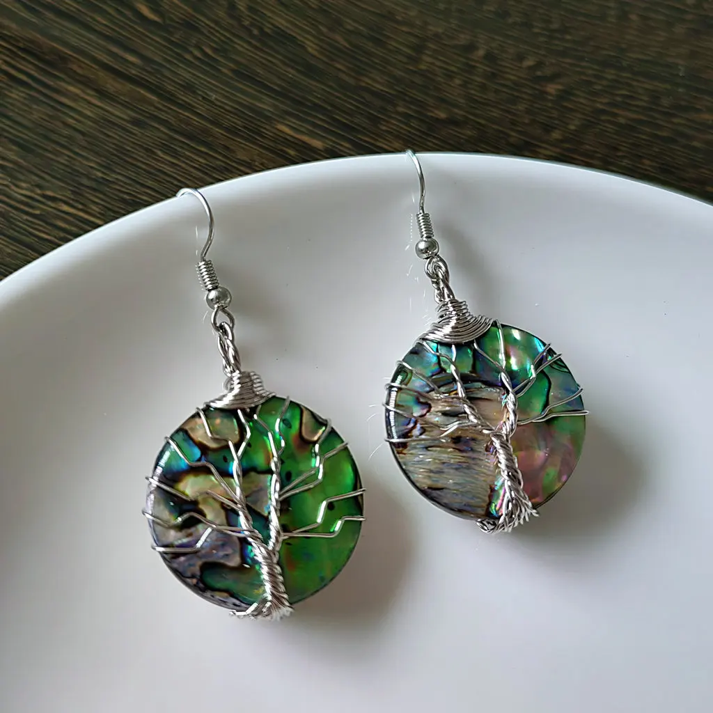 1 Pair Round Elegant Dangle Earrings for Women Jewelry Gifts Tree of Life Silvers Wrap Wire Abalone Shell