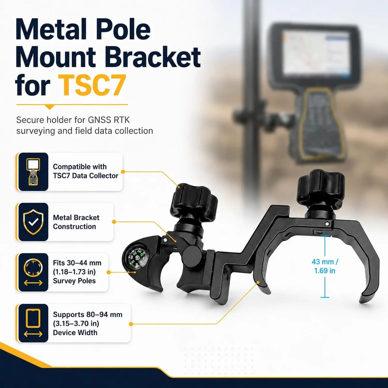 Replacement Pole Mount Bracket Data Collector Heavy Duty Metal Surveying Controller Holder Quick Release Adjustable Angle 3044mm