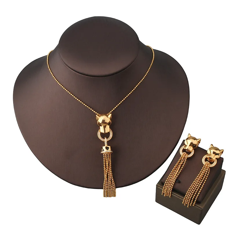 Elegant Western-style luxury tassel leopard ear studs with fashionable leopard head necklace jewelry