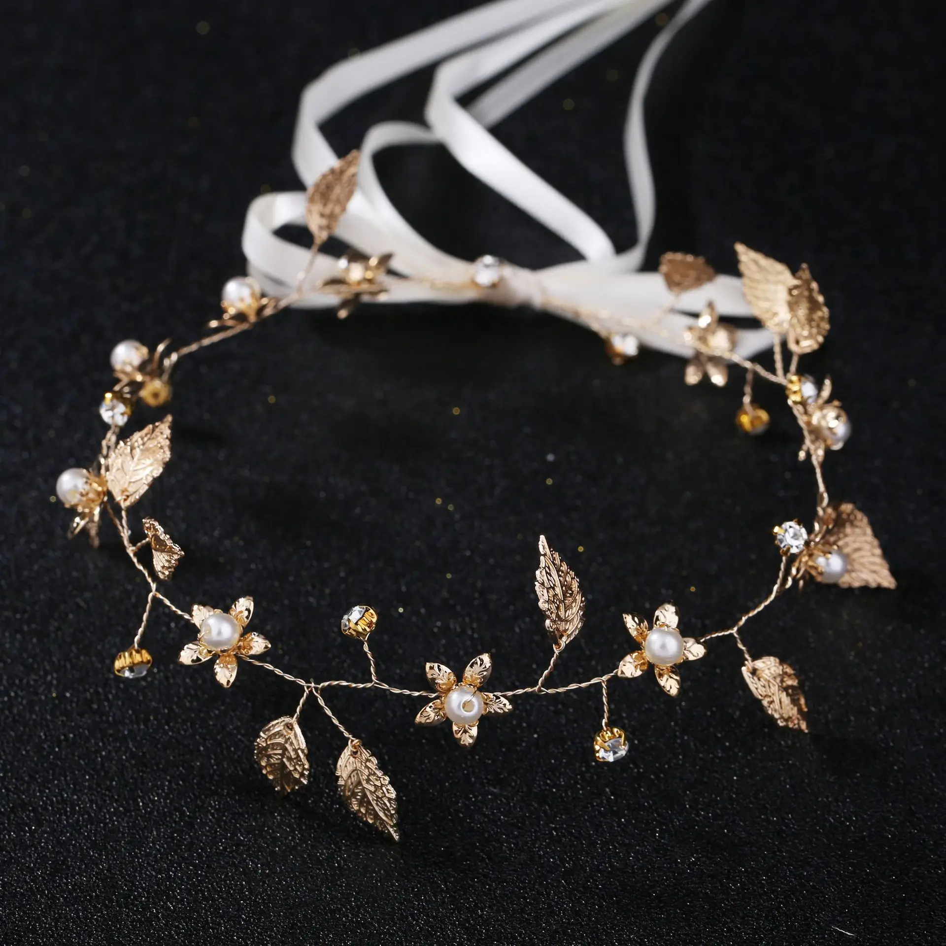 Gold Color Alloy Flower Headbands Artificial Pearl Hairbands Floral Headwear for Bride Wedding Women Girls Party Hair Jewelry