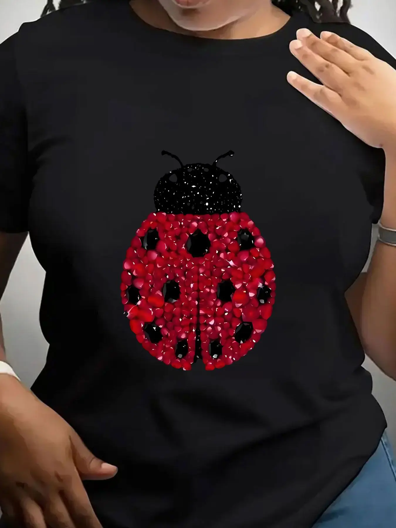 Women's Trendy Crew Neck T-Shirt Red Black Ladybug Rhinestone Print Suitable for Casual Sportswear
