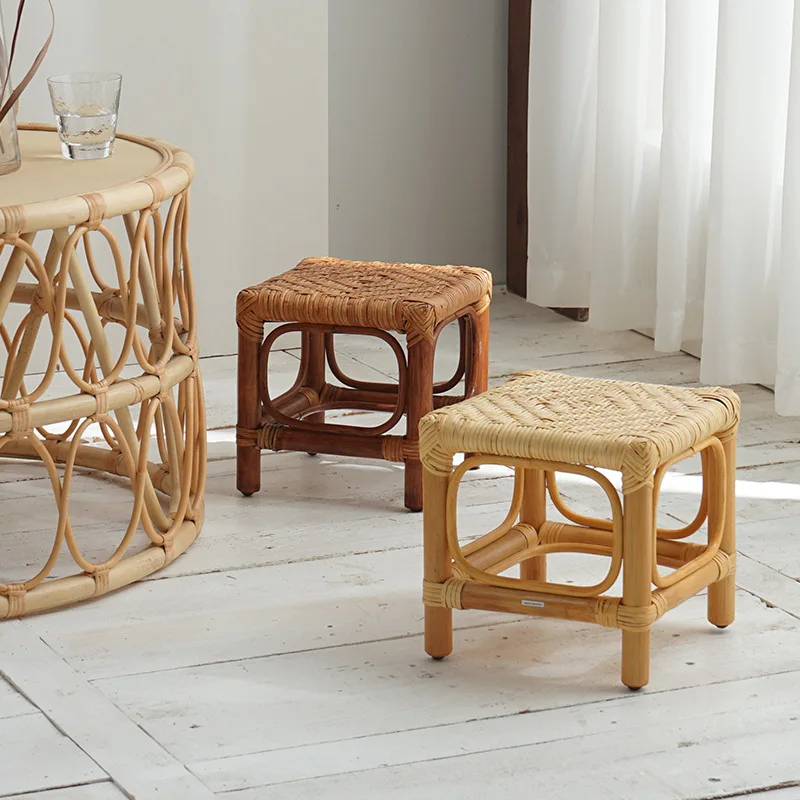 

B & B Full Rattan Low Stool Rattan Retro Small Bench Literary and Pastoral Home Simple Stool