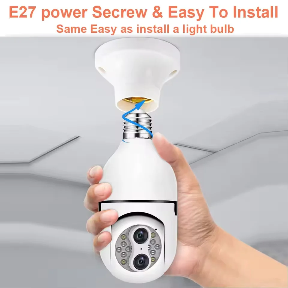 E27 WiFi Dual-Lens Bulb Camera 5MP - Two-Way Audio Smart Security Camera, Pan-Tilt Wireless IP Camera for Home Surveillance