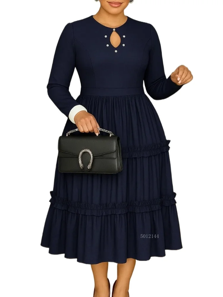 فساتين الكنيسة للمرأة 2026 ملابس مكتب أنيقة ألف خط س الرقبة قصيرة الأكمام الكشكشة مطوي س قطع الموضة الأفريقية الجديدة