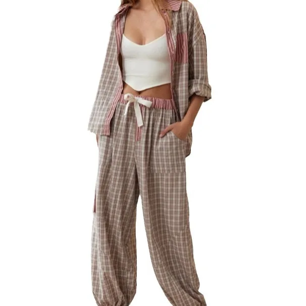 2024 Autumn AliExpress Women\'s Casual Loungewear Checked Shirt Set Pajamas Long Sleeves