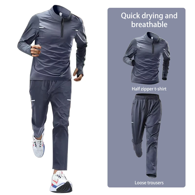 Conjunto de agasalho masculino de manga comprida de secagem rápida para corrida de outono |   Fitness Outdoor Manhã Jogging Sportswear com Calças de Treinamento