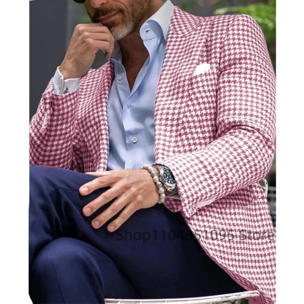 Rosa Houndstooth Terno Jaqueta De Lã Business Blazer Unique Top Breasted Slim Fit Check Wedding Suit Ternos