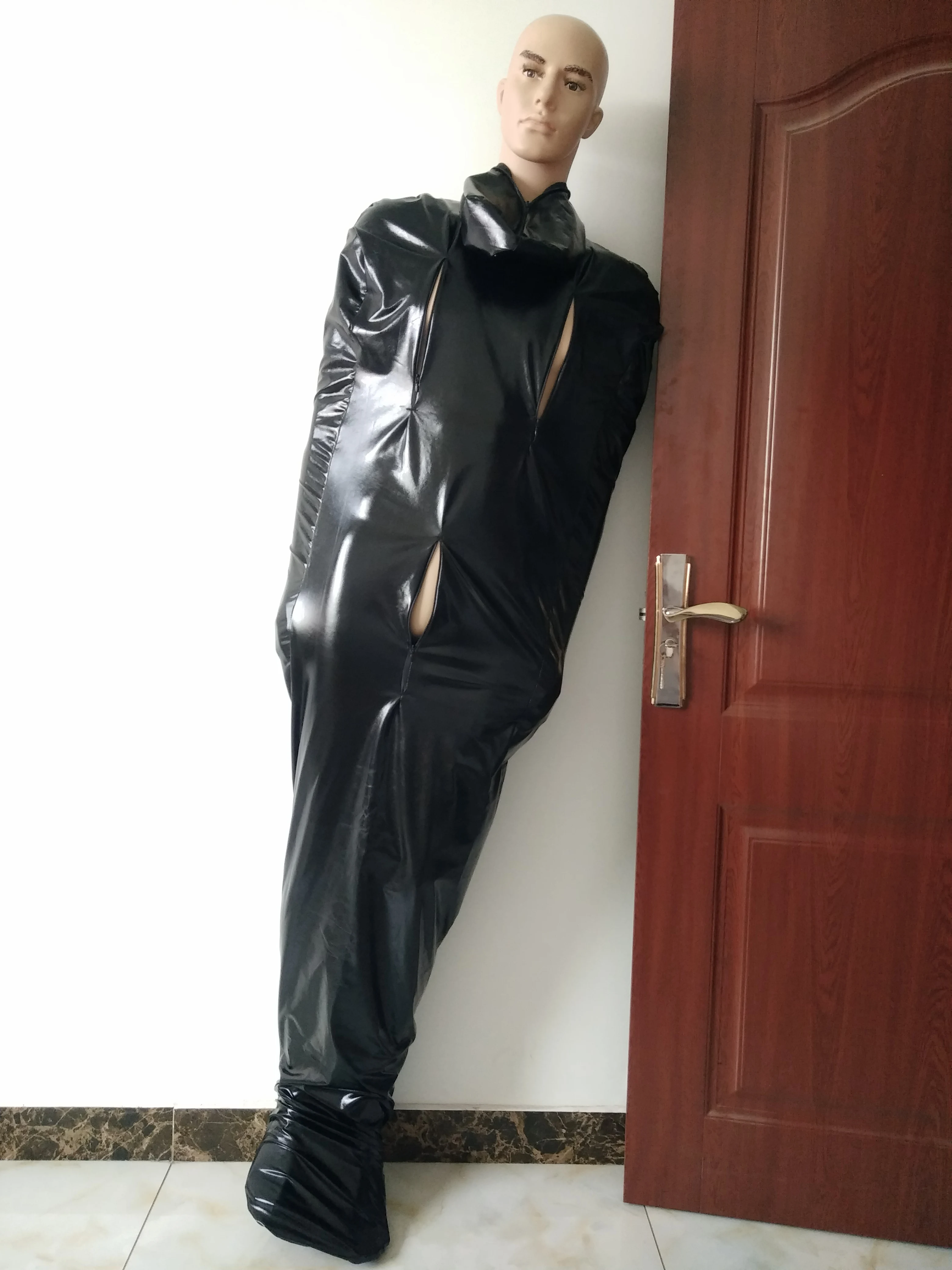 Black Shiny Metallic Mummy Costumes Sleeping Bag have inner sleeves Sexy Catsuit with crotch and breast zipper Halloween Cosplay