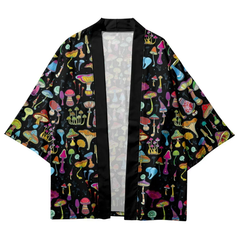 

Mushroom pattern shirt Black coat Traditional kimono men's and women's yukata Japanese street wear cardigan fashion loose top