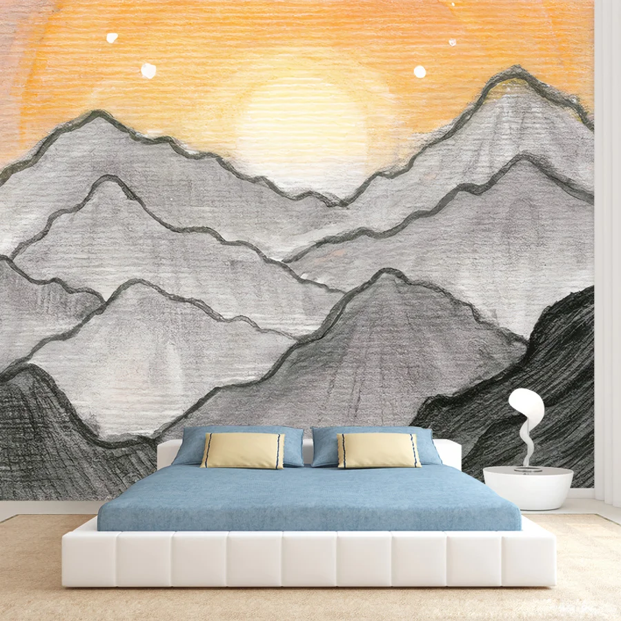 12+ Watercolor Drawing Mountain Aesthetic Photo Wallpaper, Self Adhesive Optional, Landscape TV Walls Home Decor for Living Room