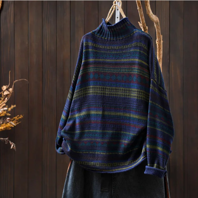 

Женский повседневный свитер с длинным рукавом, Новое поступление, осень 2022, винтажный стиль, полосатый женский вязаный пуловер с полувысоким воротником T787