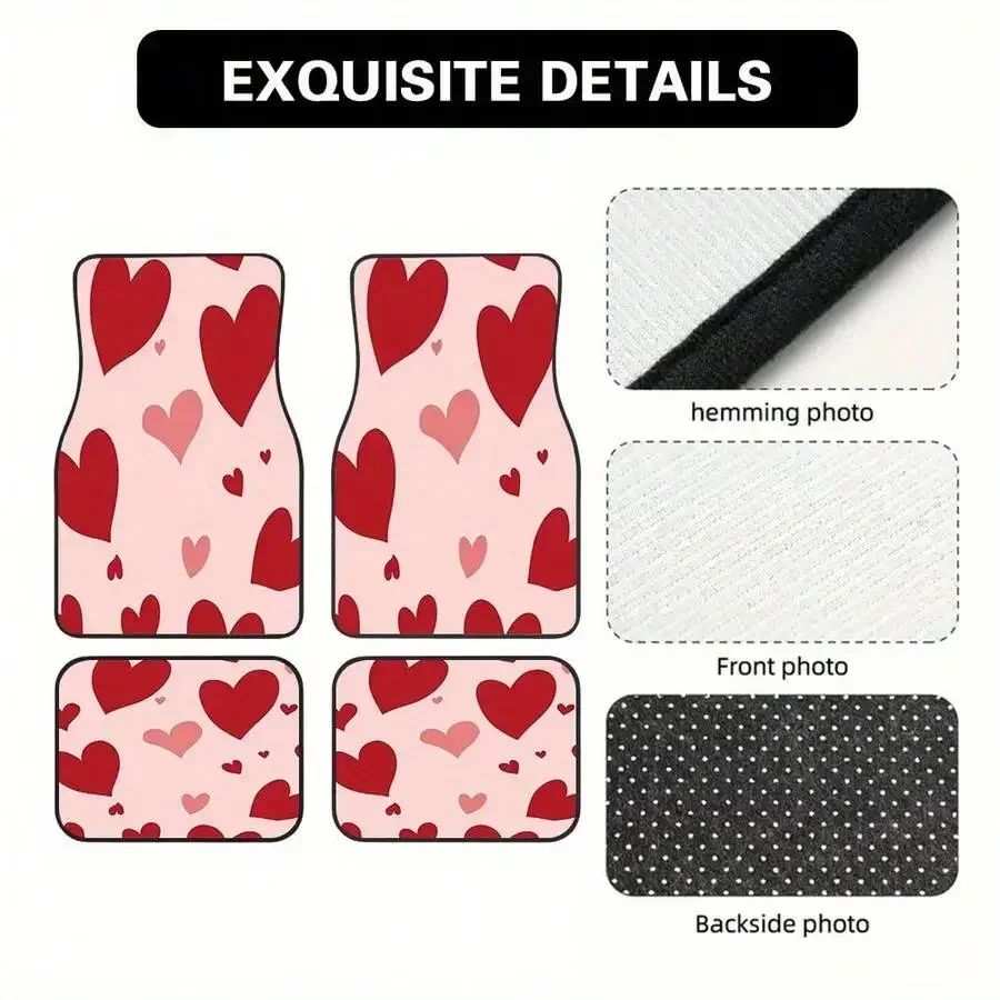 4-Piece Car Floor Mats With Red Heart Pattern On Pink Background Non-Slip For Hatchbacks Pickup Trucks