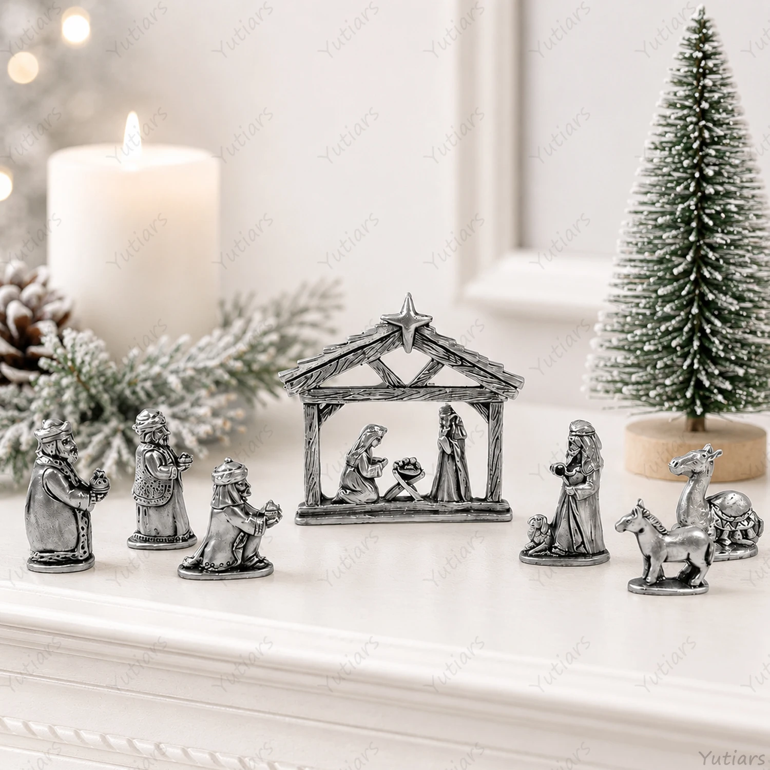 7Pcs Mini Nativity Scene Set Silver Christmas Figurines Holy Family Wise Men Camel Donkey Tabletop Holiday Home Decor Gift