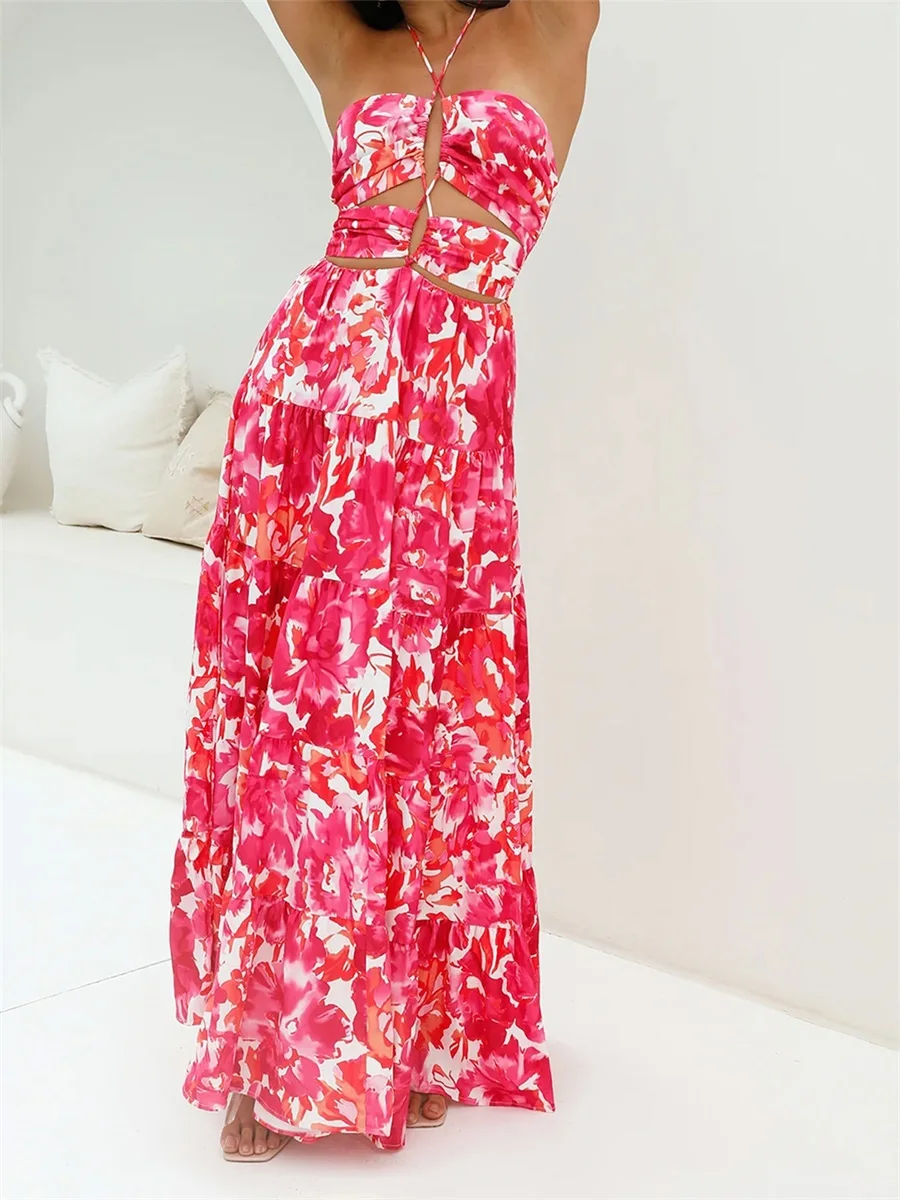 Women Long Dress, Sleeveless Halter Dress Backless Flower Print Hollowed Summer Swing Dress