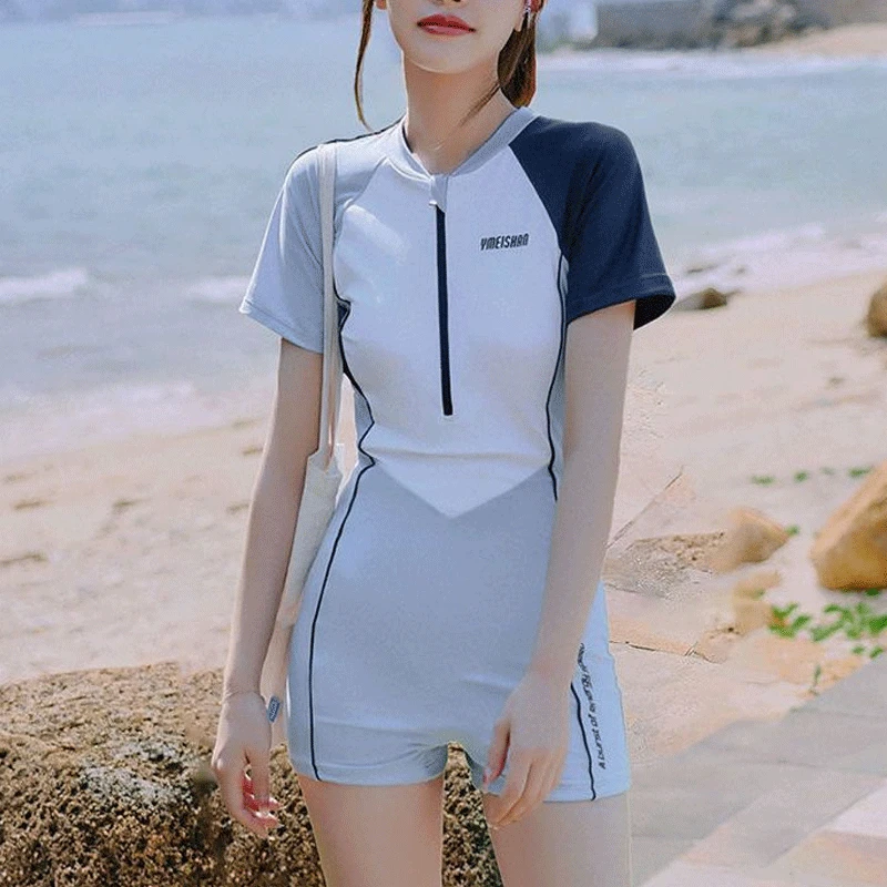 2023 Summer Korean Youth Style Women's Conservative Fashion Waist Retraction Surfing One Piece Zipper Beach Bathing Suit