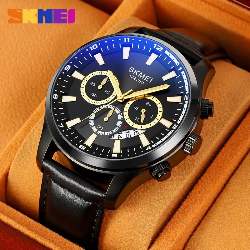 

SKMEI Sapphire Mirror Quartz Watch Casual Fashion Six-hand Three-eye Dial Chronograph Genuine Leather 1994 Men's Business Watch