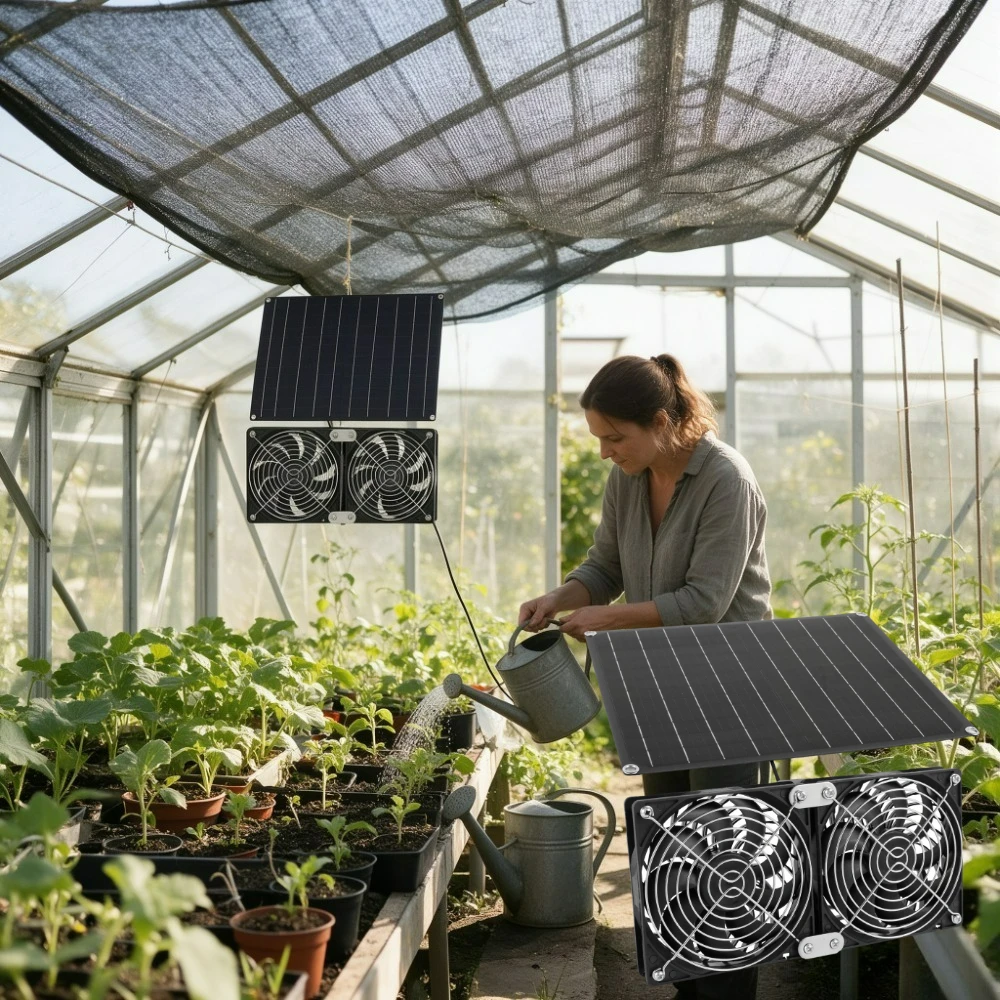 Camping Solar Powered Dual Exhaust Cooling Fan 15W 20W Solar Panel IPX7 Waterproof Low Noise Outdoor Ventilation System for