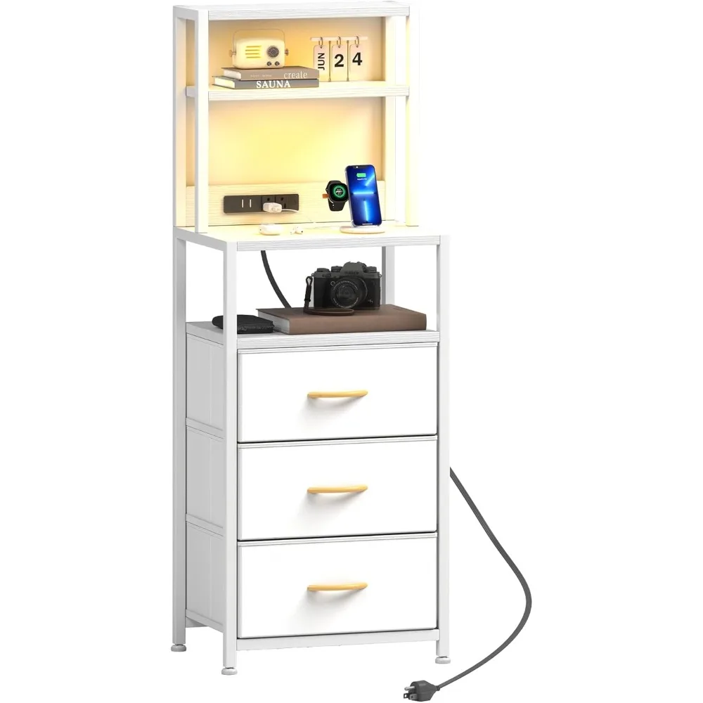 

Night Stand, Tall Nightstand with 4-Tier Shelves and 3 Fabric Drawers, LED Bed Side Tables with Charging Station, Tall End Tabl