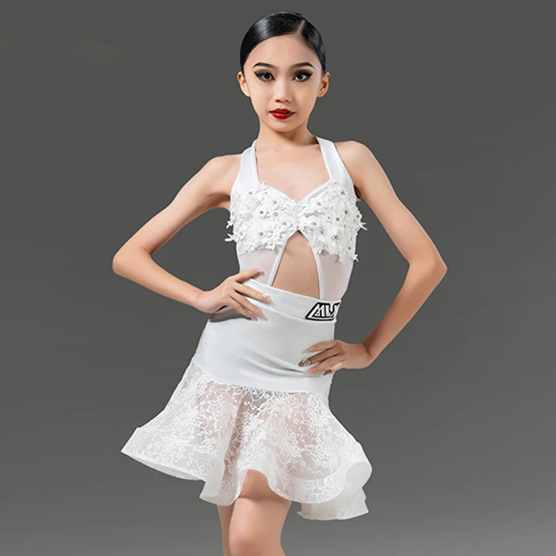 2024 New Girls' Latin Dance Performance Dress White Bareback Dance Set Lace Transparent Design Sense Samba Dance Costume VBH510