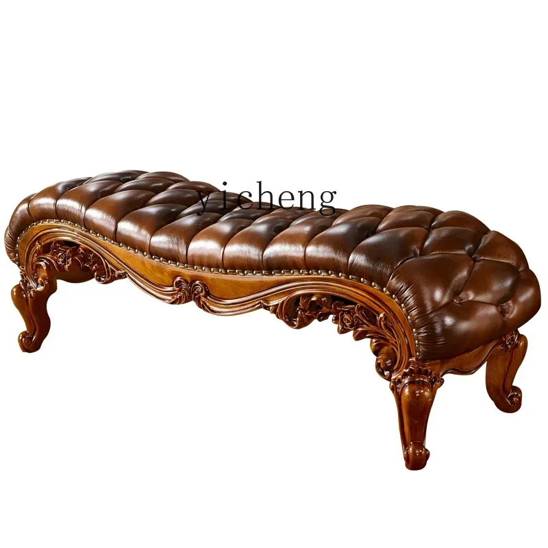 Bed End Stool Villa Bedroom All Solid Wood Carved Leather Shoe Changing Stool Bed for Lunch Break Side Stool