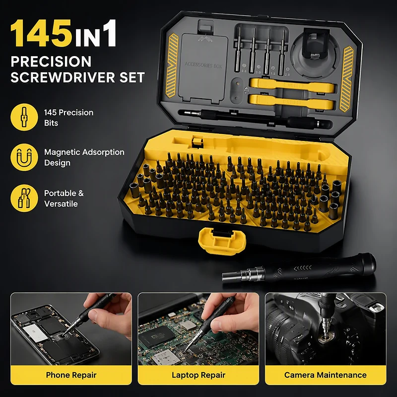145-in-1 Electronics Repair Tool Kit Precision Screwdriver Set for Smartphone Laptop Computer Camera Watch Game Console