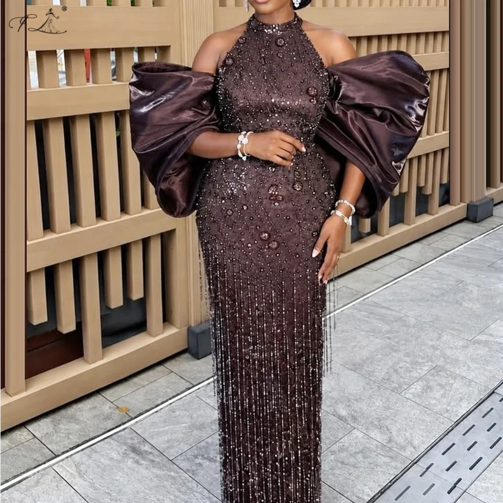 Vintage Brown Off-Shoulder Mermaid Dress Bow Ruffle and Beaded Evening Dress With Crystal Tassel Hem Haute Couture Party Dress