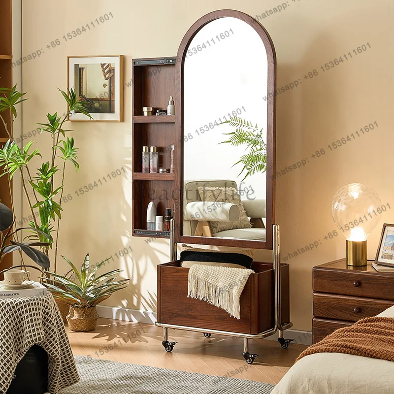 Wabi-sabi style solid wood hanger with full body mirror coat rack hotel bedroom storage