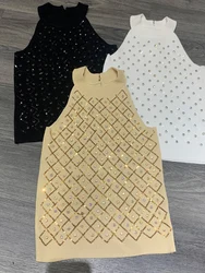 Estate donna senza maniche Plaid bianco paillettes gilet donna lusso lucido lavorato a maglia canotta Streetwear coreano nero Tee paillettes Crop top