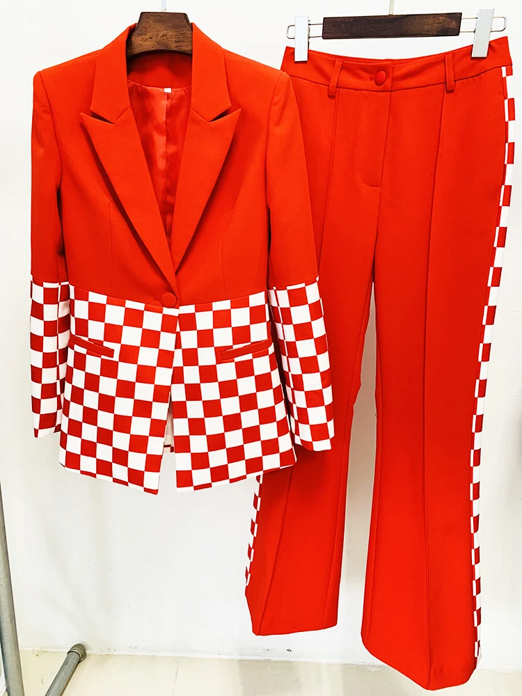 HIGH QUALITY Newest 2024 Designer Runway Suit Set Women's Star Style Single Button Checkered Color Block Blazer Flare Pants Suit