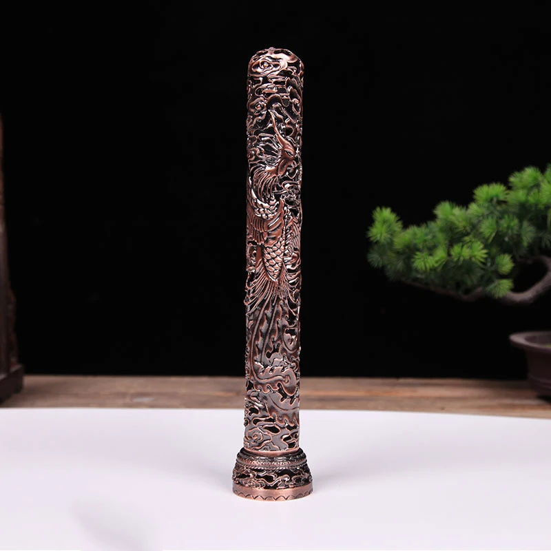 Retro Dragon and Phoenix Line Incense Burner Vertical Hollow Incense Holder Zen Sandalwood Censer with Catcher for Home Decor