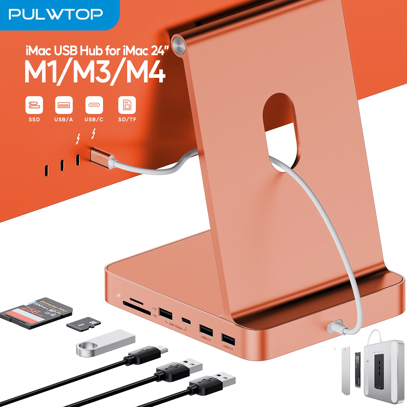 PULWTOP USB C HUB voor iMac 24 inch 2021/2023/2024, iMac Hub met USB C/A 10Gbps, SD/TF, ondersteuning voor uitbreiding M.2 SSD (NIET inbegrepen)