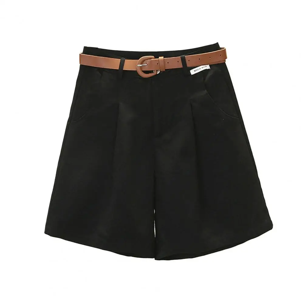 Lady Suit Shorts High Waist A-line Summer Shorts with Belt Pockets Button Closure for Dating Commute Women Mini Shorts