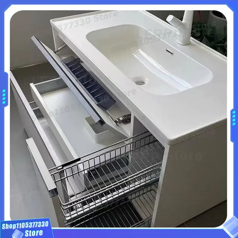 Japanese Style Bathroom Cabinet With Ceramic Integrated Basin Large Storage Vanity Unit Drawer Pull Basket Wash Hand Face