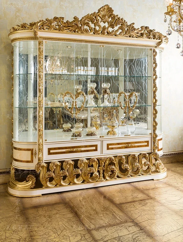 النمط الأوروبي فيلا قاعة النبيذ عرض خزانة خشب متين الذهب احباط غرفة المعيشة جدار خزانة التخزين #6