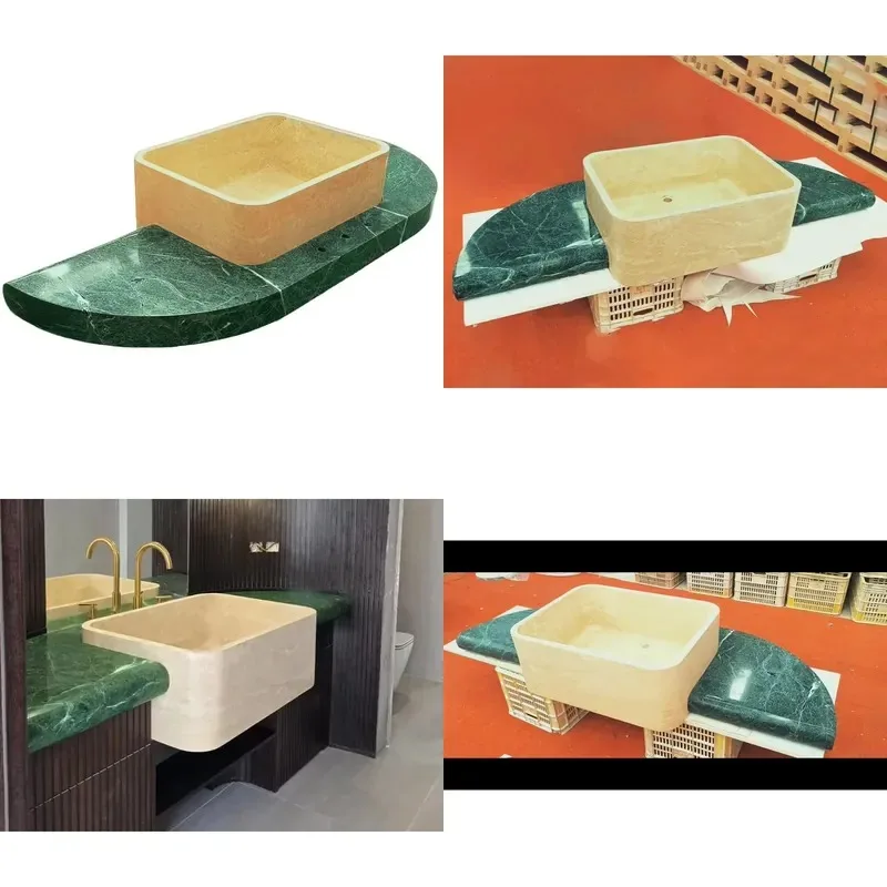 Natural Green Cape Verde Guatemala Marble Stone Dresser with Travertine Sink Luxury Custom Bathroom Vanity Five Star Hotel