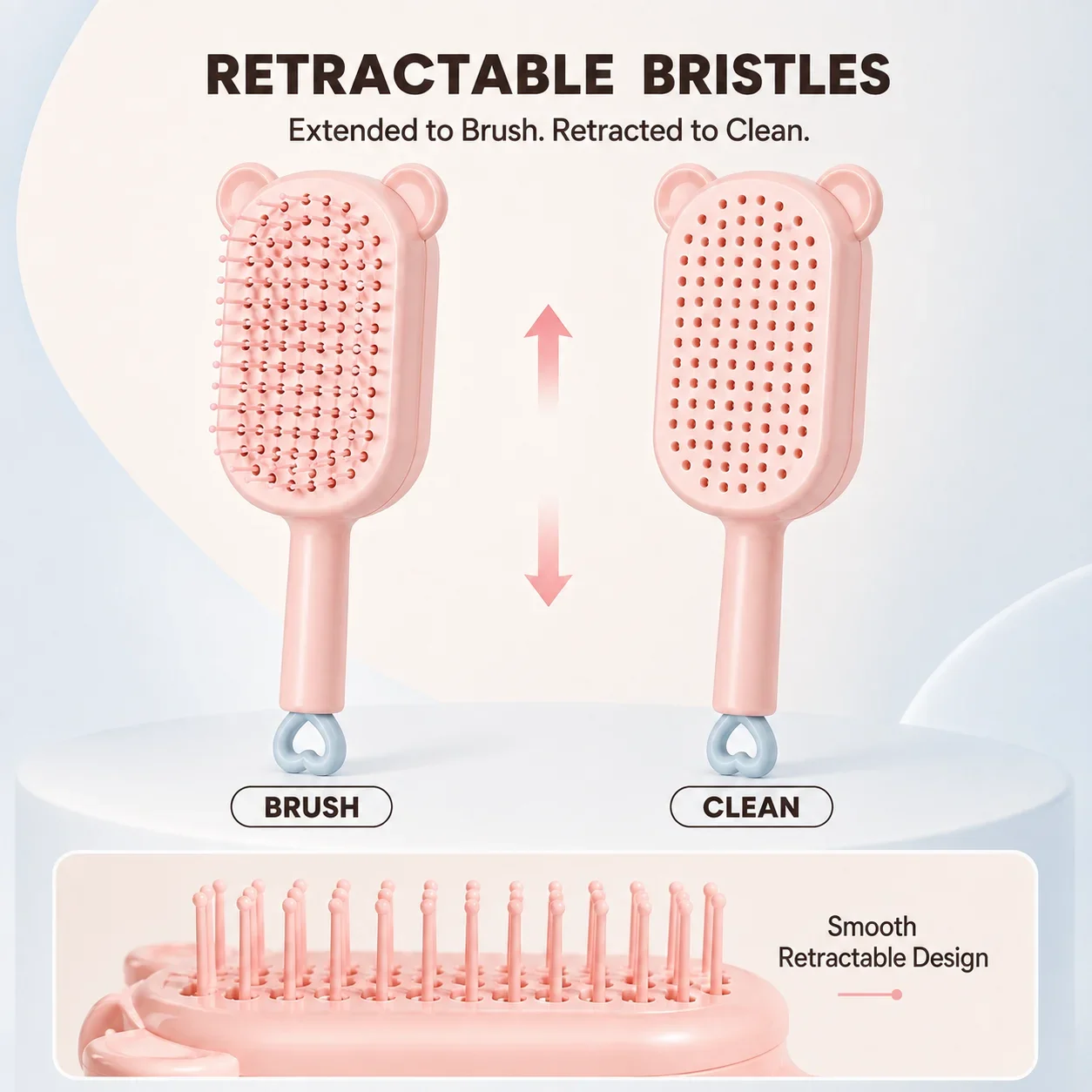 Cute Bear Retractable Air Cushion Hair Brush One‑key Clean Detangling Comb Anti‑Static Massage Scalp Hairbrush for Women Long Ha view 3