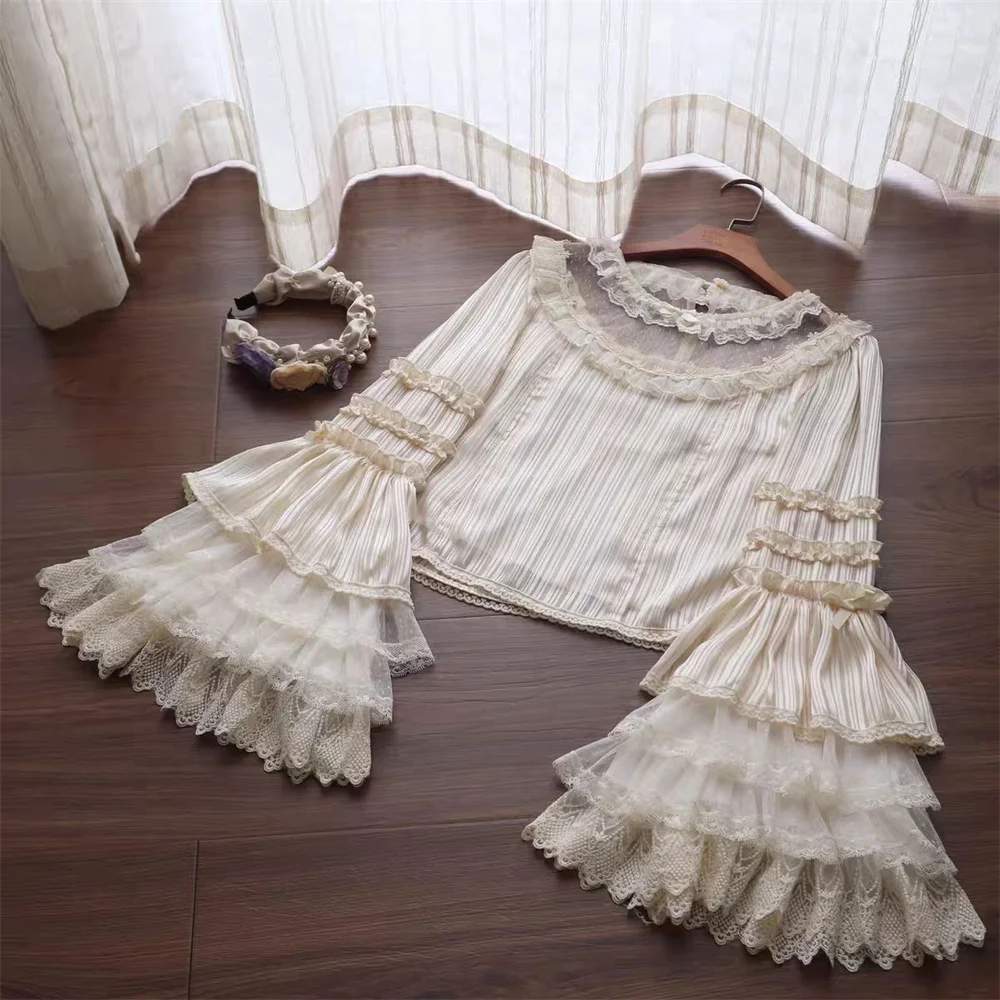 

Осенняя милая викторианская женская блузка с рюшами и длинными рукавами, готическая пиратская ренессансная винтажная кружевная однотонная рубашка Fairycore Cue