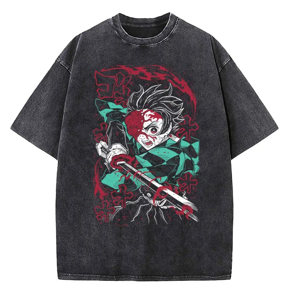Camiseta Demon Slayer Lavada, Diseño Gráfico de Anime KNY, Algodón Suave, Manga Corta, Unisex, Estilo Harajuku, Talla Grande