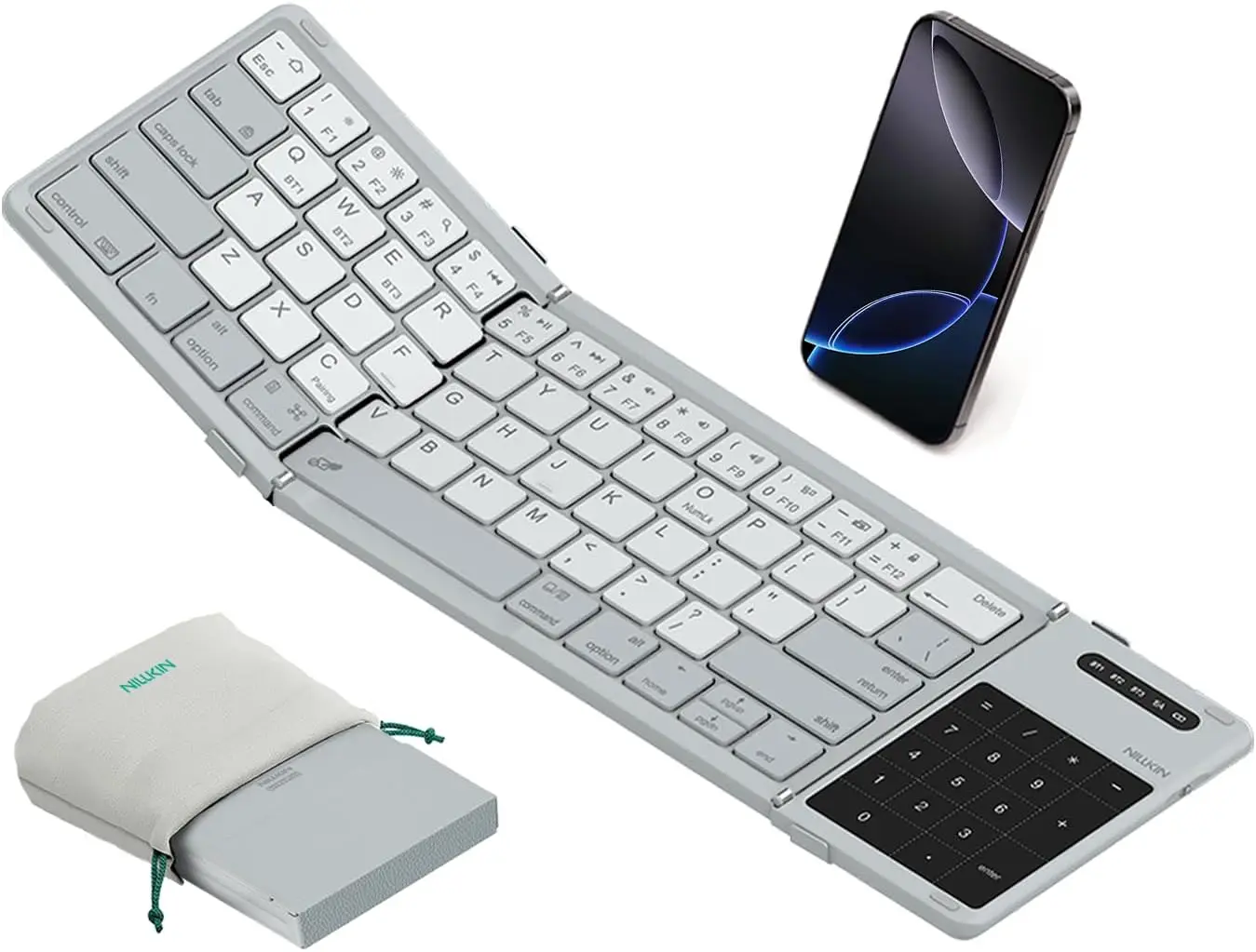 Upgraded Foldable Bluetooth Keyboard with Touchpad & Number Pad, Portable for Travel, Full Size Keys, Supports 3 Devices