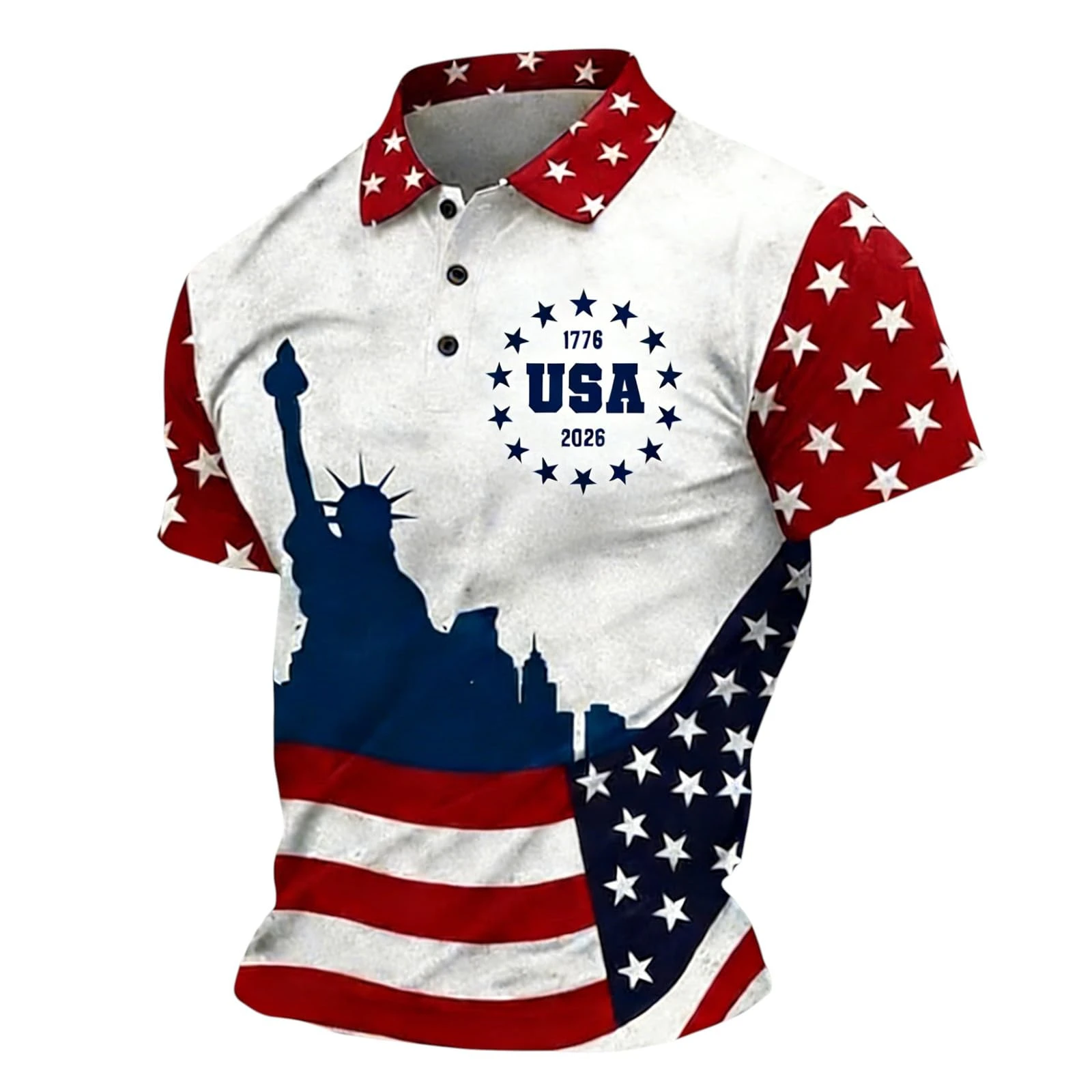 New We The People, Men's 250th Anniversary National Flag Print Casual Short Sleeve Polo Shirt Cross Patriotic Tee